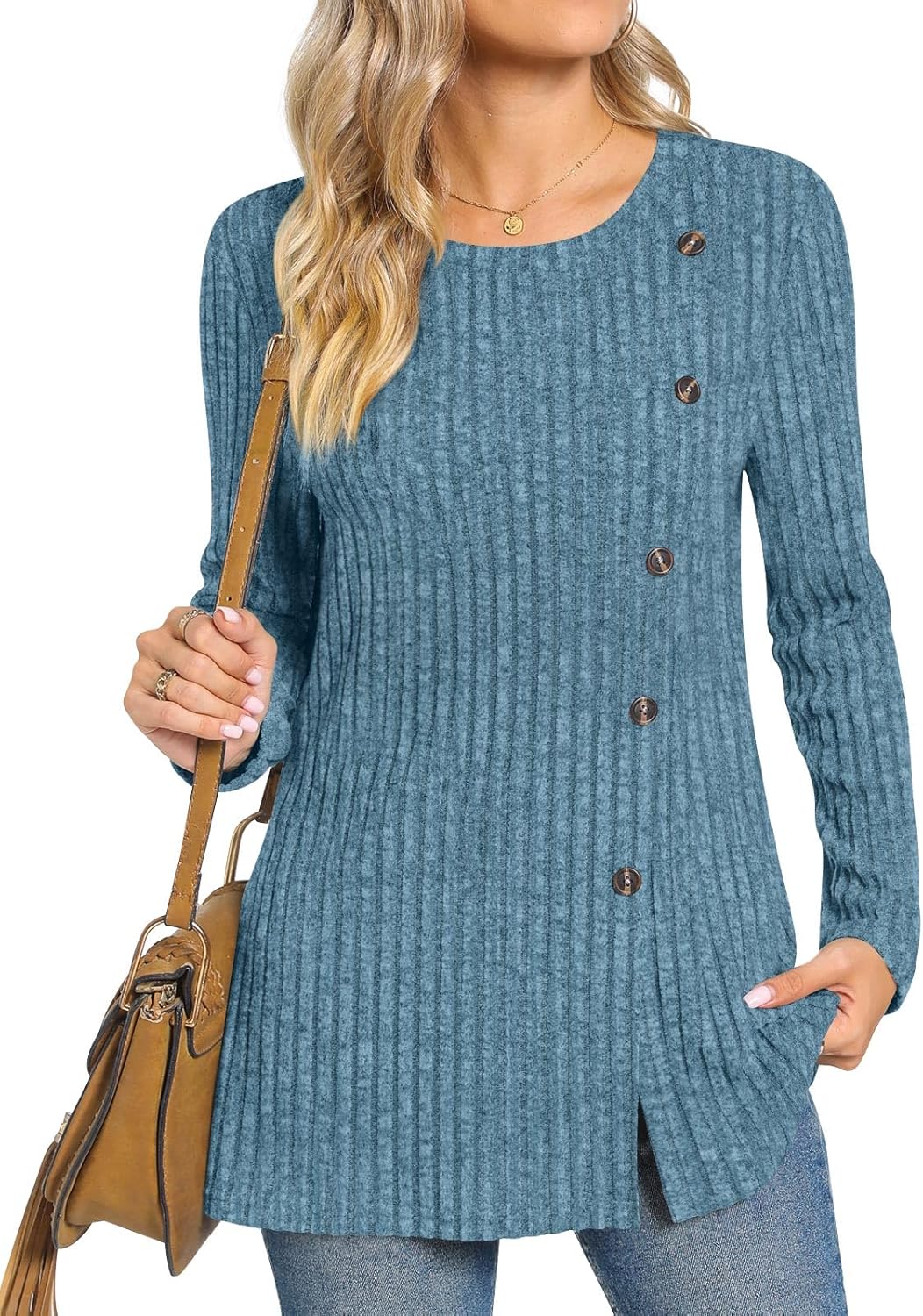 TAOHUADAO Women's Long Sleeve Jumpers Crewneck Tunic Tops with Button Sides Loos...