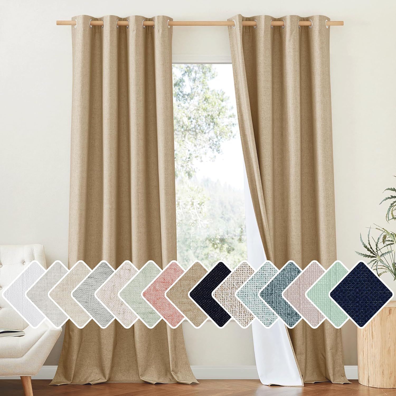 NICETOWN 100% Absolutely Blackout Linen Curtains with Thermal Insulated White Li...