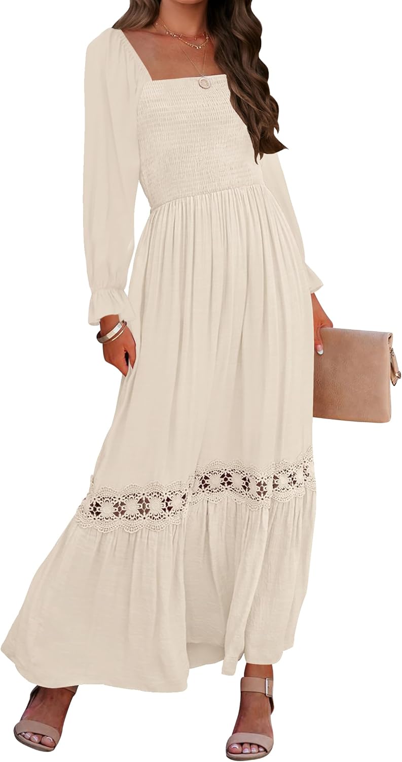 ZESICA Women's Boho Long Sleeve Square Neck Smocke...