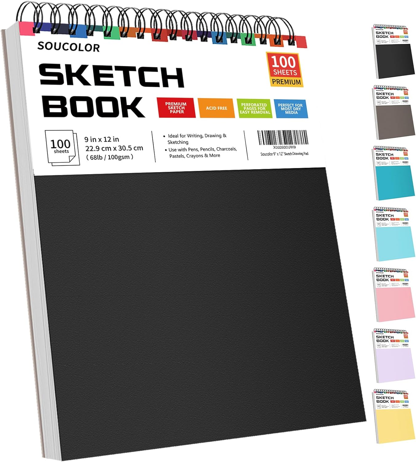 Soucolor 9" x 12" Sketch Book, 1-Pack 100 Sheets Spiral Bound Art Sketchbook, (6...