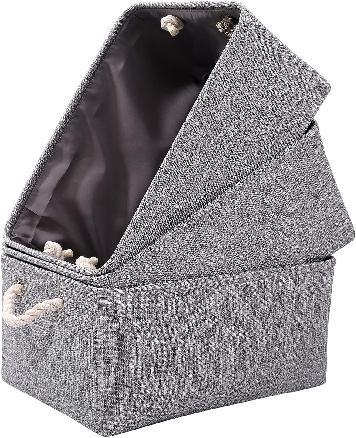 PWVMWM Small Grey Storage Box with Handles, 3 Pcs Thicken Canvas Storage Boxes,...
