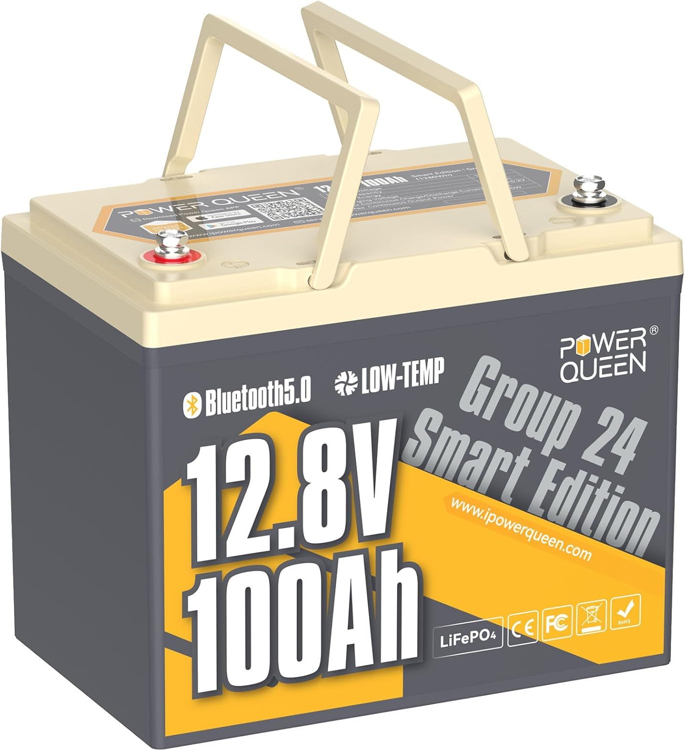 Power Queen Bluetooth 12V 100Ah LiFePO4 Battery, Group 24 Deep Cycle Battery Max...