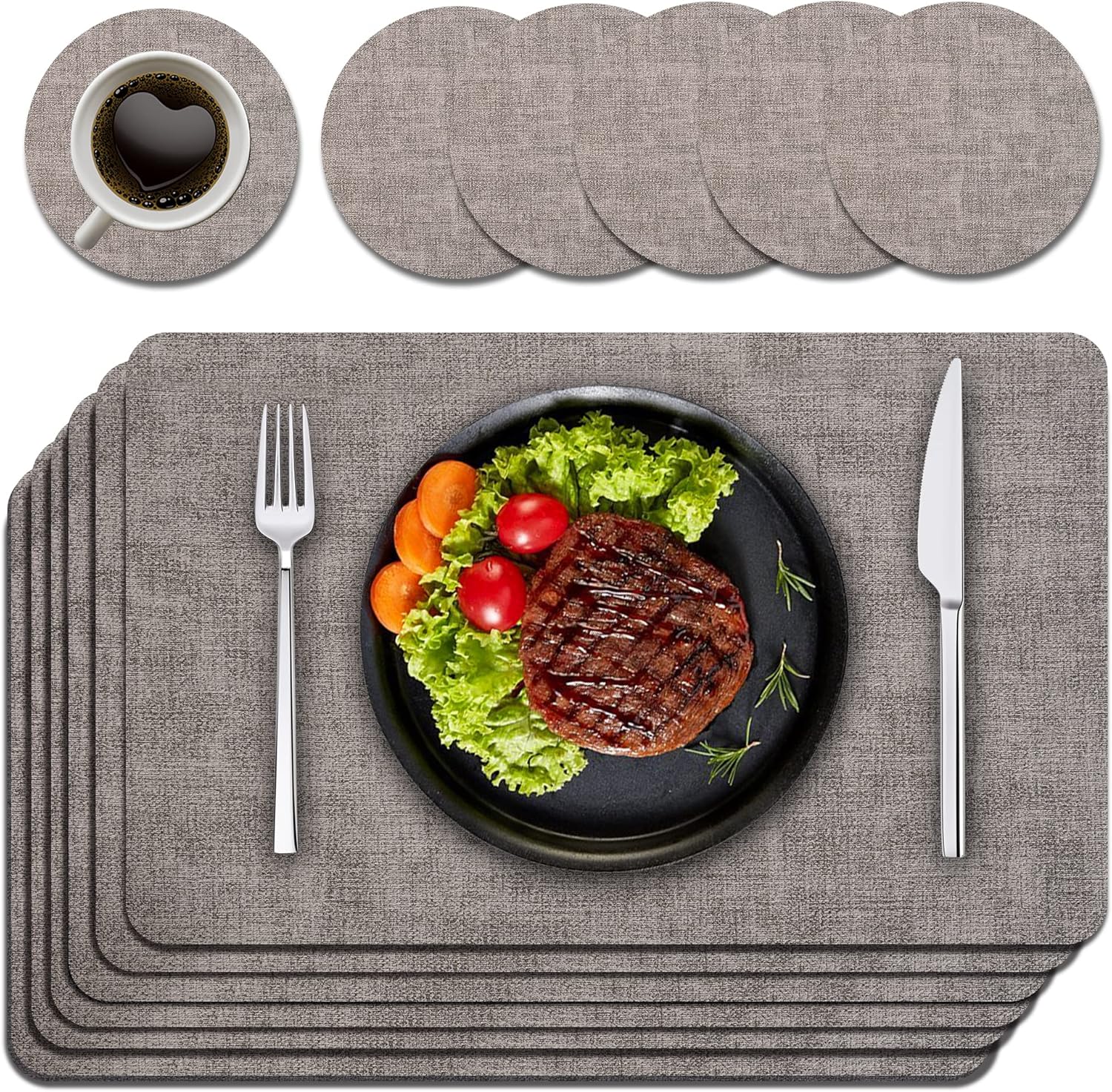 Purejoy Placemats and Coaster Sets 6, Christmas Table Mats PU Leather Heat-Resis...