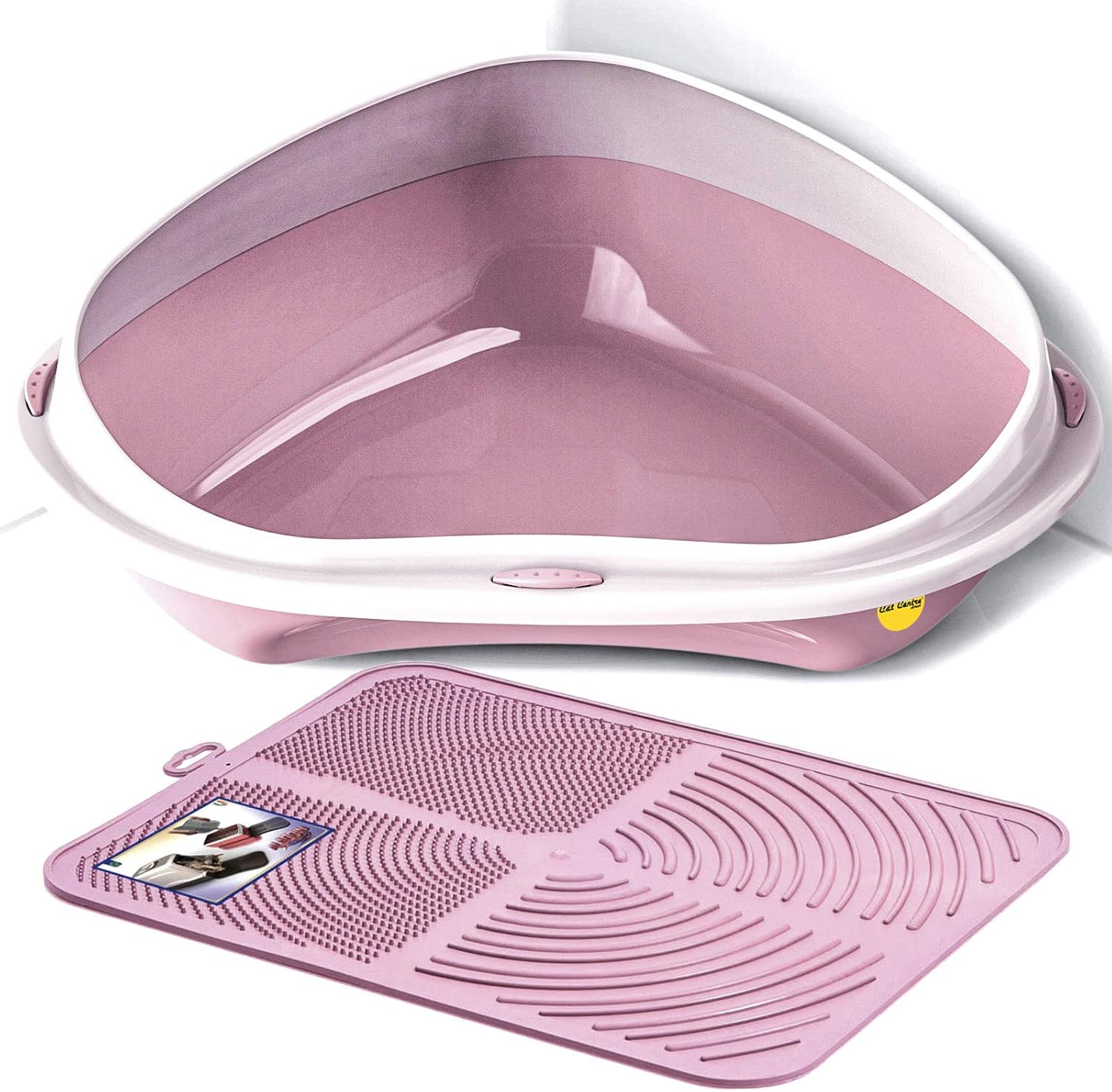CAT CENTRE Pink Large Corner Cat Litter Tray + Pink Nonslip Mat Set Box Loo Toil...