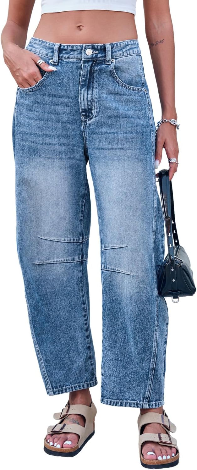 Mid Rise Barrel Jeans for Women Wide Leg Mid Waist Cropped Denim Pants Y2k Baggy...