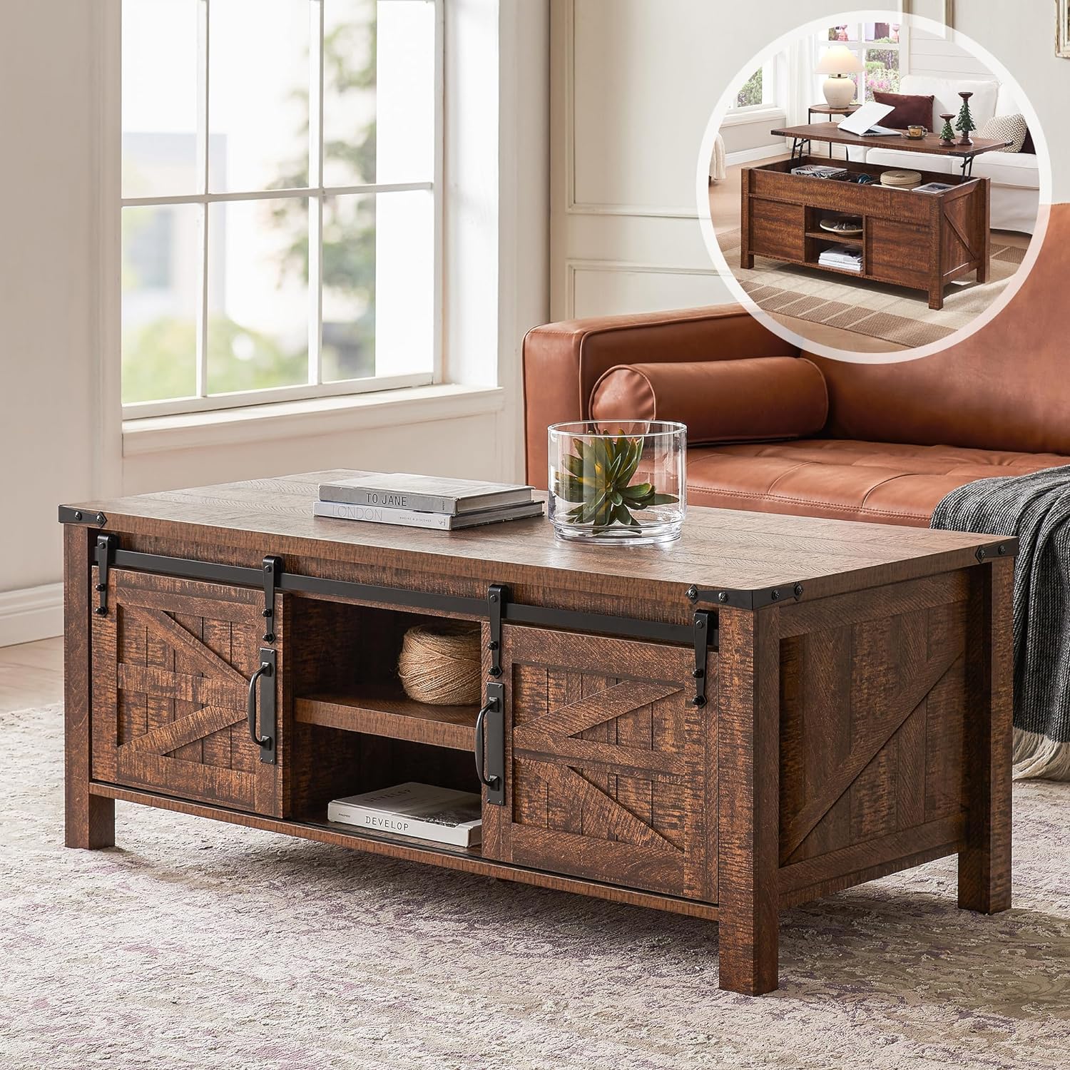 OKD 48" Farmhouse Lift Top Coffee Table with Sliding Barn Door,Rustic Center Tab...