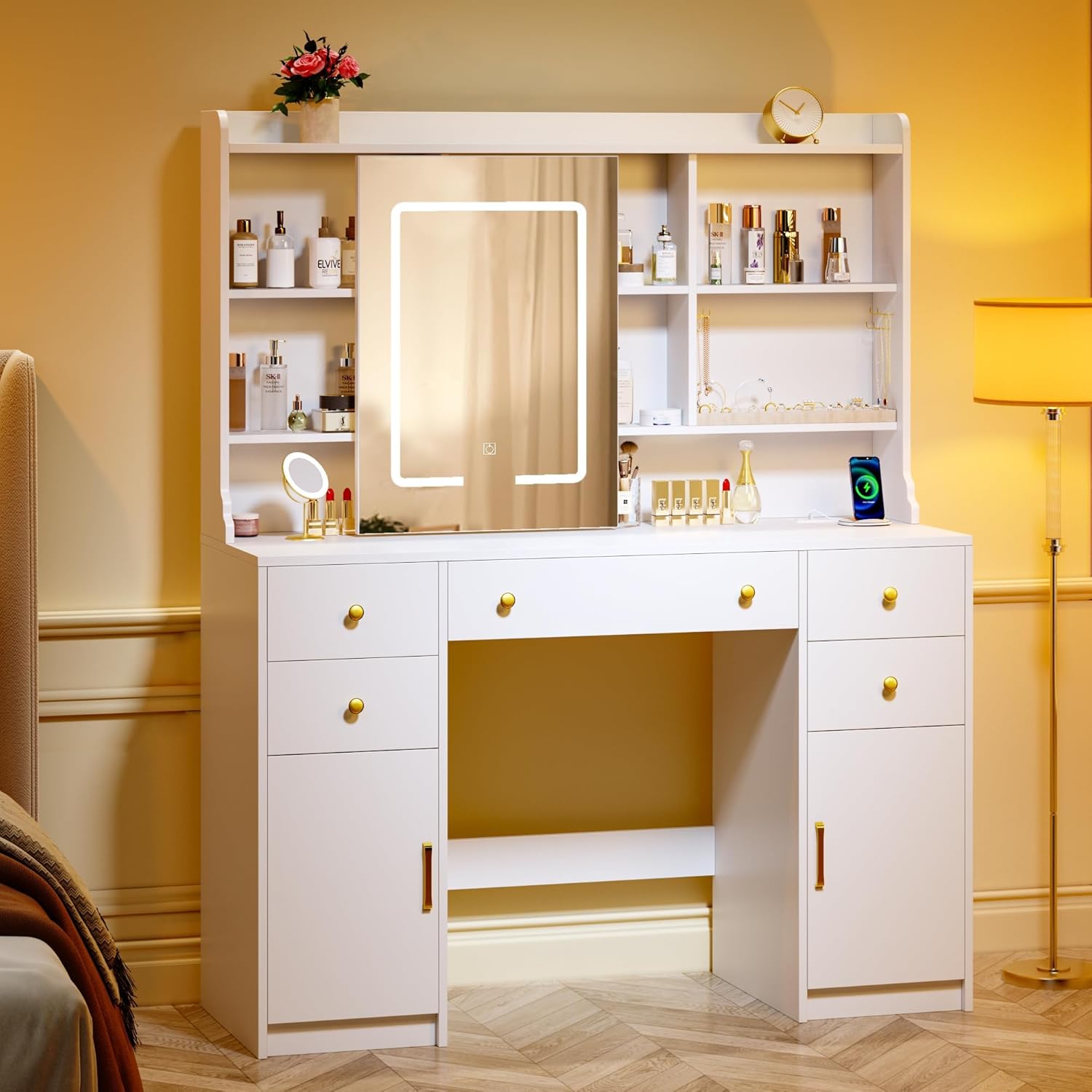 Vanity Desk with Mirror and Lights, Vanity Desk with Sliding LED Mirror, Makeup...