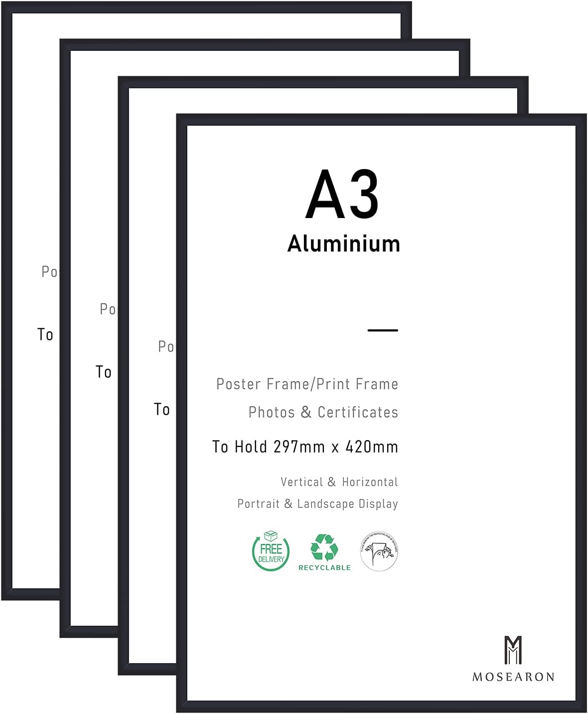 A3 Certificate Picture Frame,4 Pack Black Aluminium Photo Frame with plexiglass...