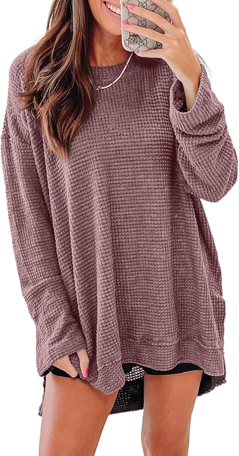 SHEWIN Long Sleeve Shirts For Women Oversized Sweatshirt Crewneck Waffle Knit Sp...