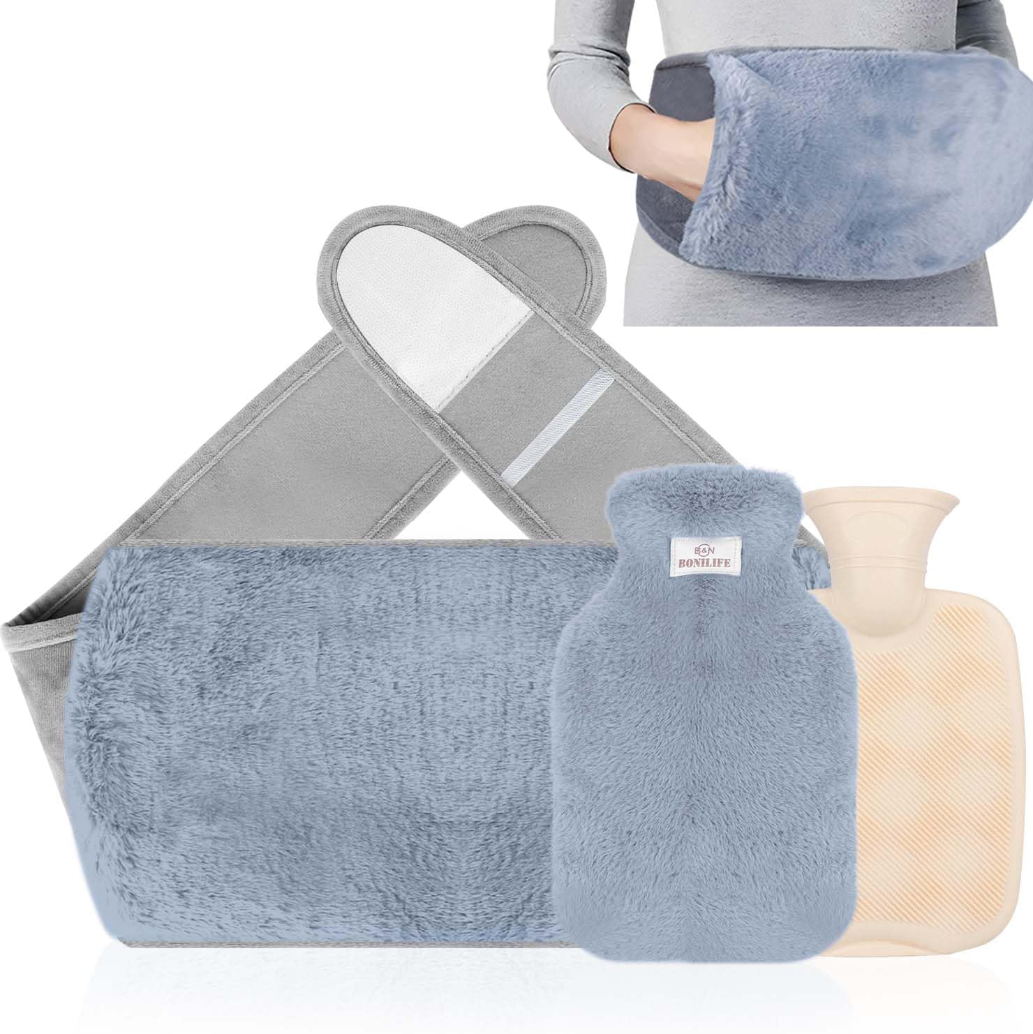 Bonilife Hot Water Bottle Belt 3in1, Fluffy Wrap Around Wearable Hot Water Bottl...