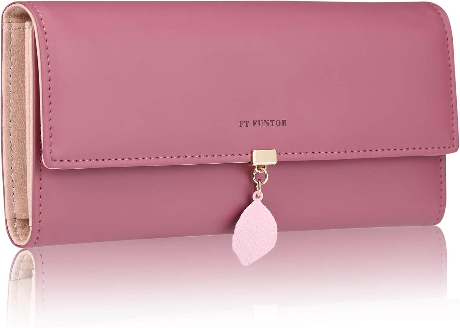 FT FUNTOR PU Leather Wallet for Women RFID Blocking Ladies Leaf Pendant Coin Zip...