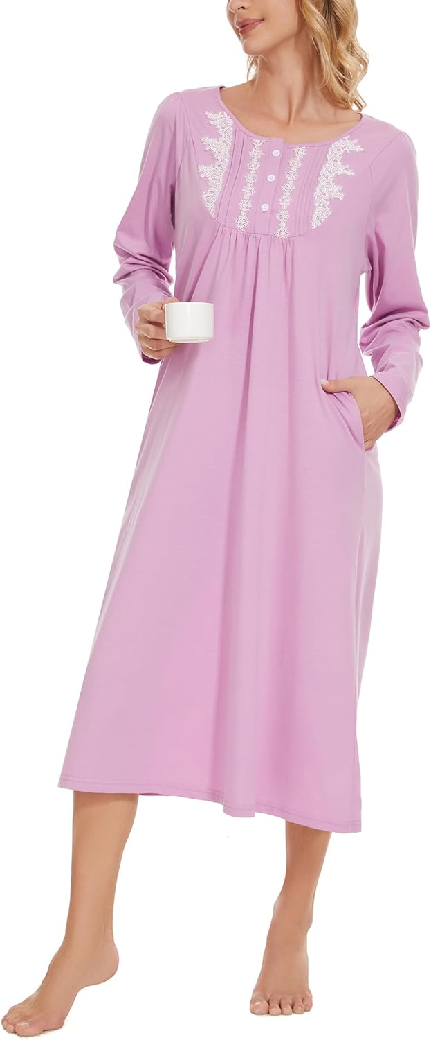 YOZLY Long Sleeve Nightgowns for Women Cotton Night Gwons Lace Sleepwear with Po...