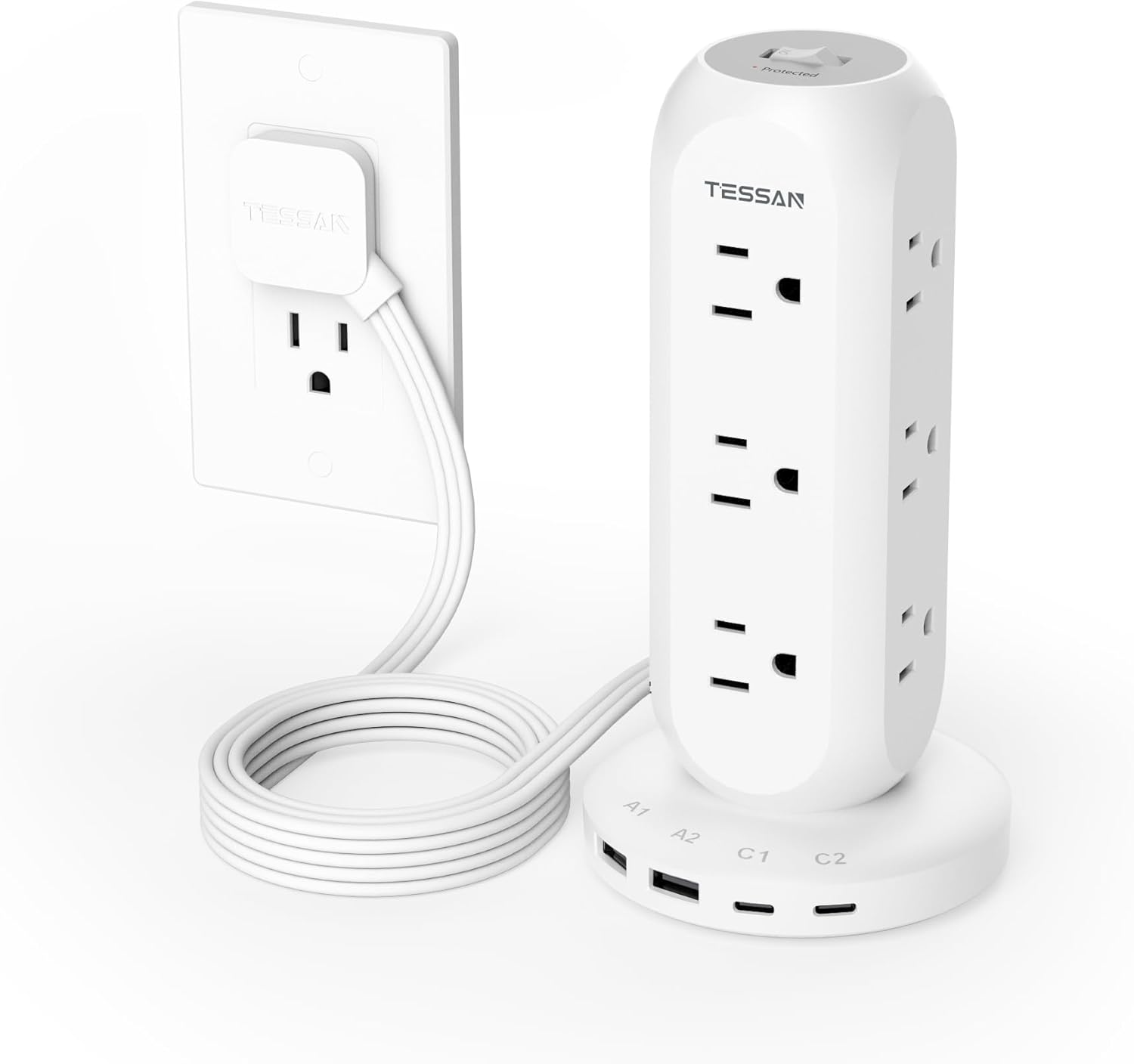 Surge Protector Power Strip Tower, TESSAN Flat Plug Extension Cord 6 FT, Chargin...