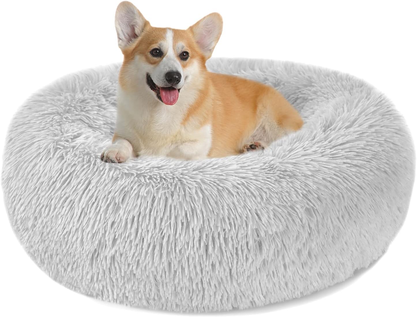 Calming Dog Cat Donut Bed - 23.6in Fluffy Plush Puppy Kitten Cuddler Round Bed,...