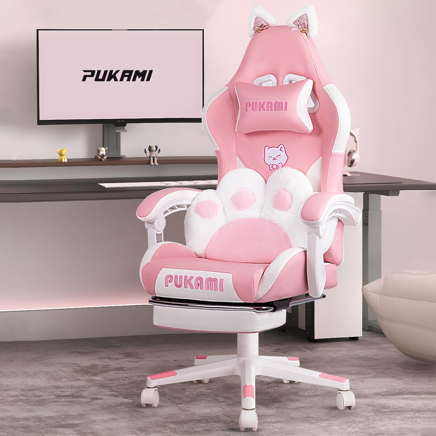 PUKAMI Pink Gaming Chair Cute with Cat Ears and Cat Paw Lumbar Cushion, Ergonomi...