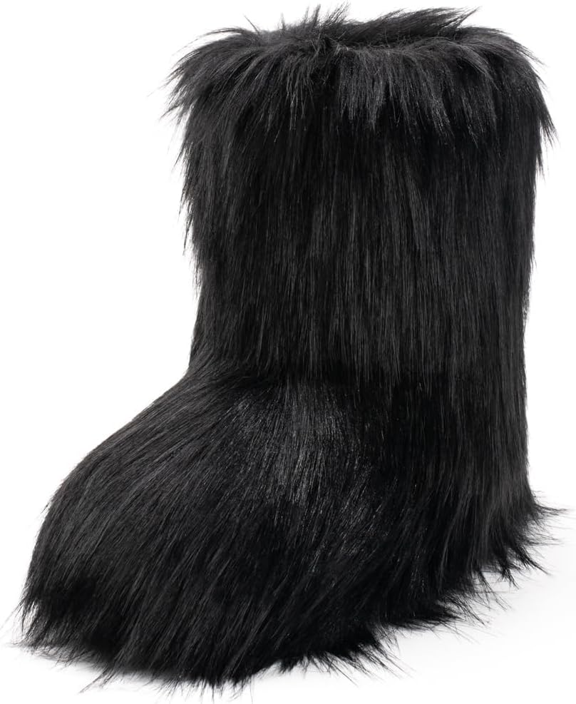 IXU Women's Faux Fur Boot Furry Fluffy Round Toe Suede Snow Winter Women Boots C...