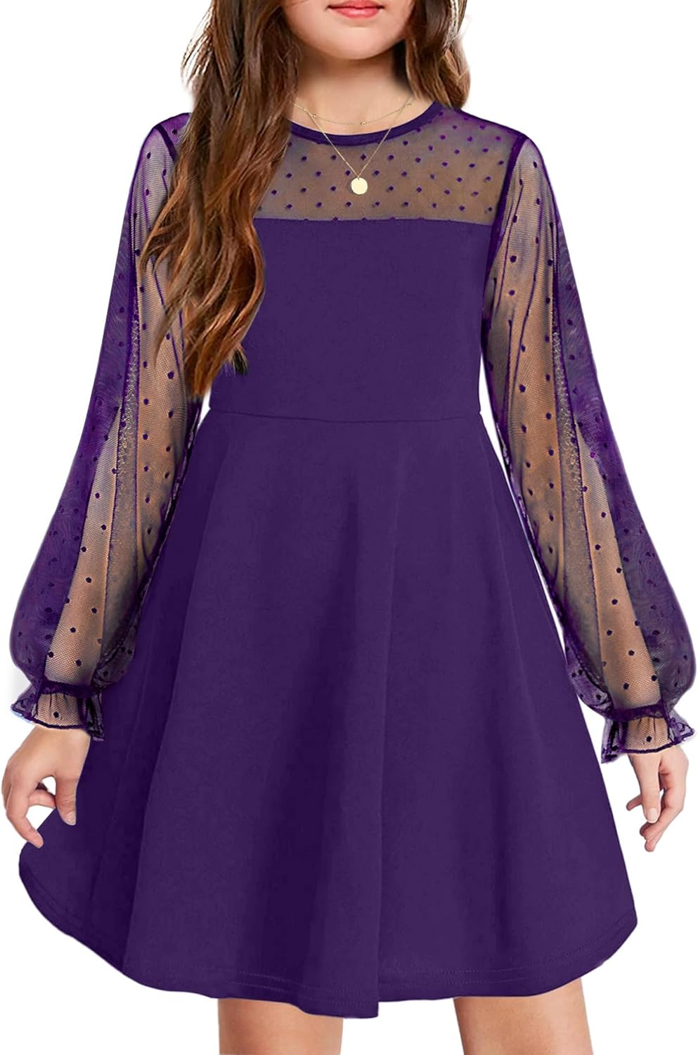 Arshiner Girl's Contrast Mesh Puff Long Sleeve High Waist A Line Princess Skater...