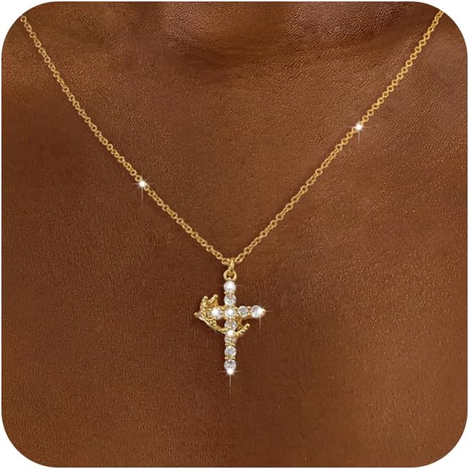 Tewiky Diamond Cross Necklace for women-Dainty 14k Gold Cubic Zirconia Pendant N...