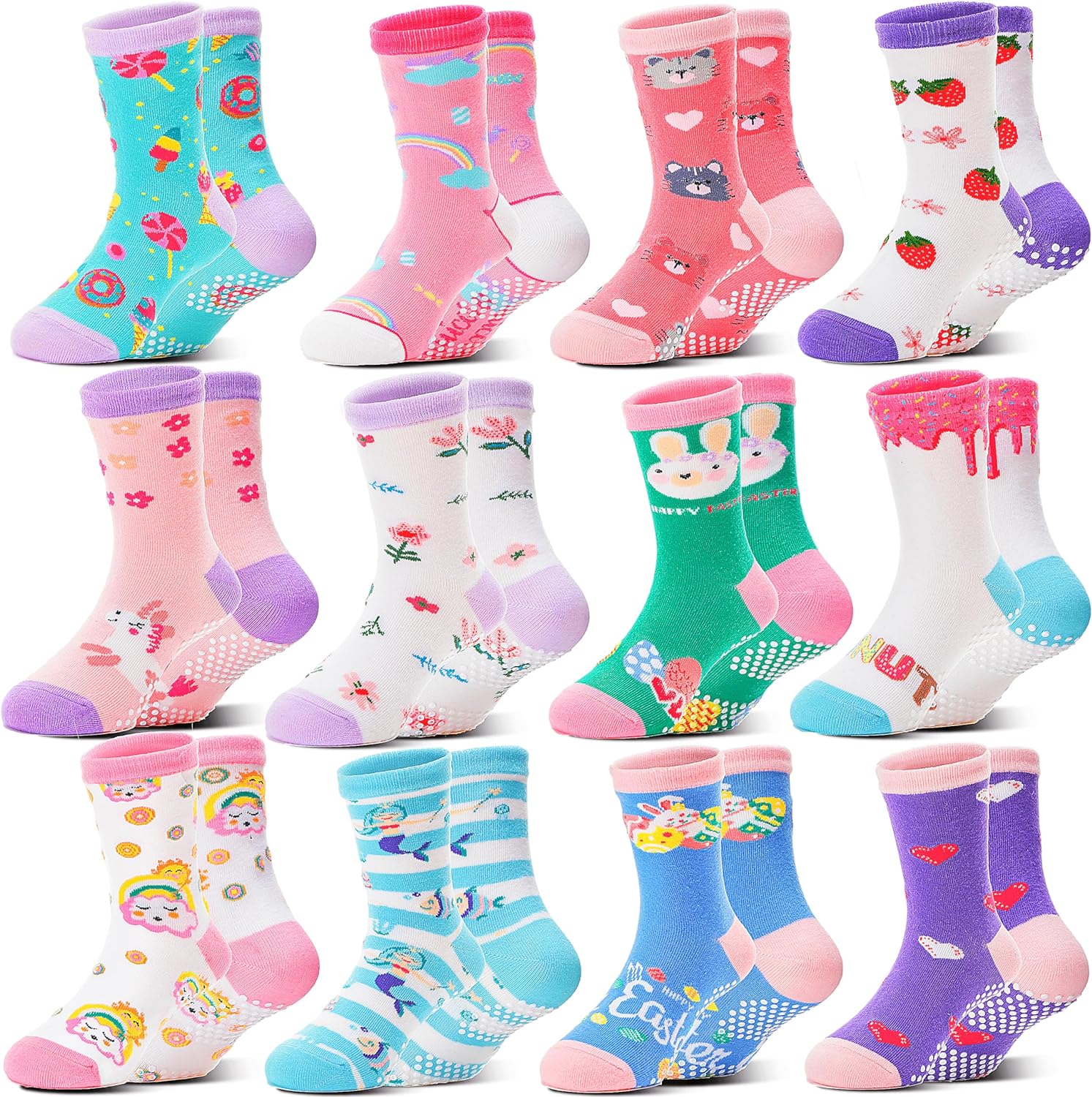 Welwoos 12 Pairs Baby Girls Toddlers Grips Socks Non Slip Funny Animal Cartoon C...