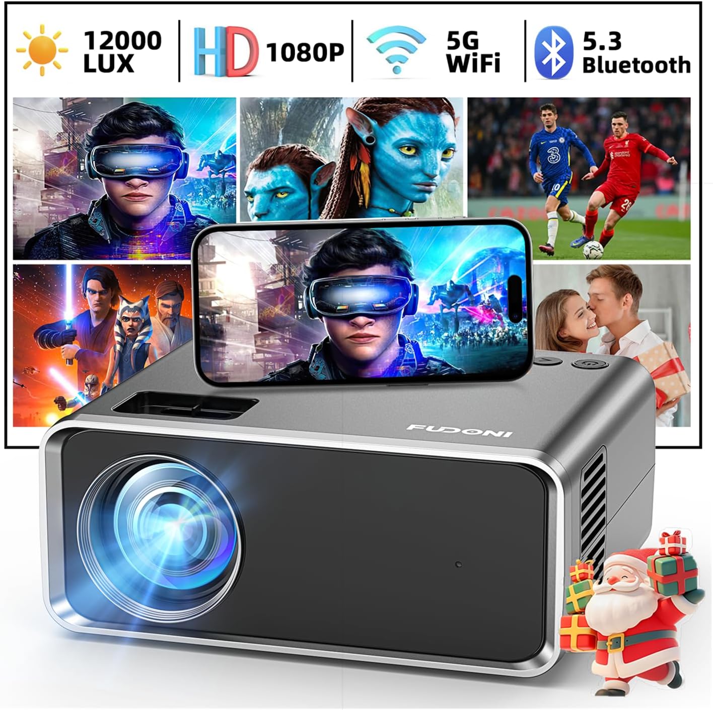 FUDONI Projector with WiFi and Bluetooth, Upgraded 5G Portable Projectors 4K Sup...