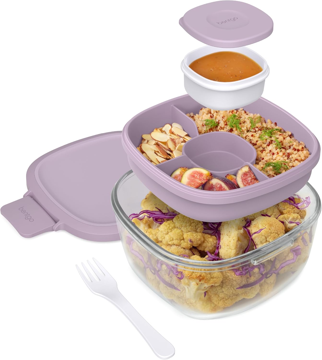 Bentgo Glass All-in-One Salad Container - Large 61-oz Salad Bowl with Lid, 4-Com...