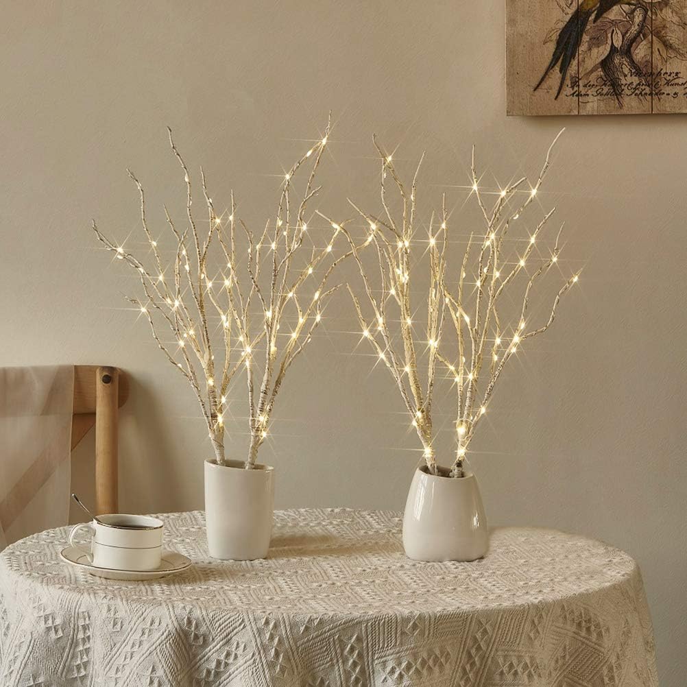 Fudios Lighted Birch Branches 18IN 70 Warm White LED with Timer Twig Lights Batt...
