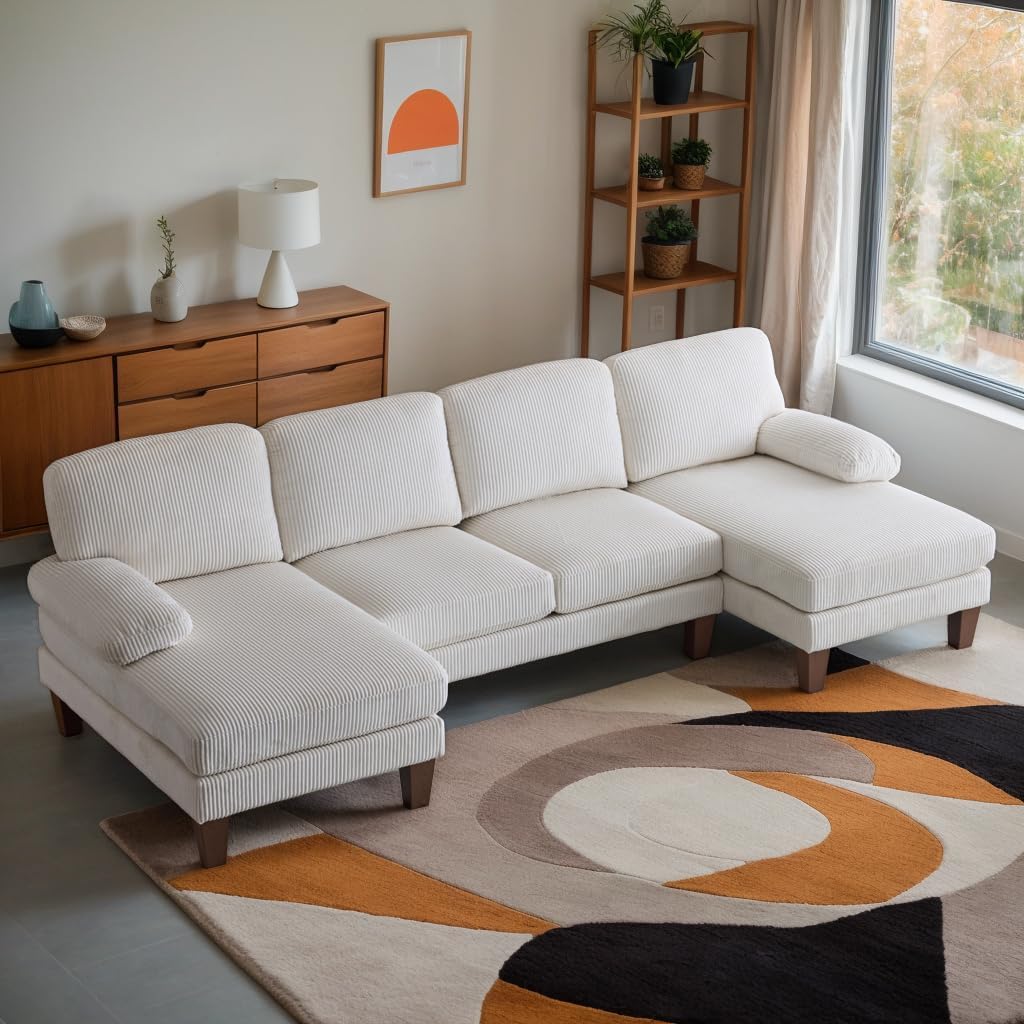 Karl home U-Shape Sectional Sofa Couch 111" Modern 4-Seat Sofa with Chaises Cord...