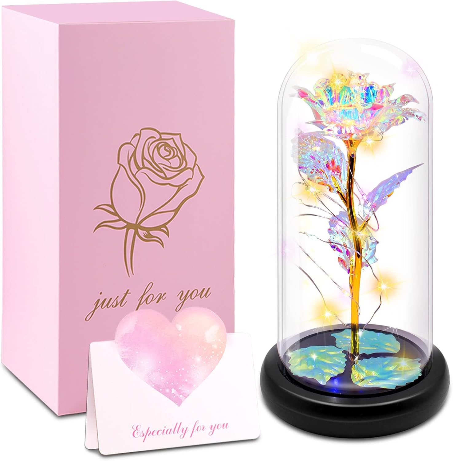 Glass Rose Gifts for Mom/Grandma/Wife, for Her with Greeting Card, Colorful Ligh...