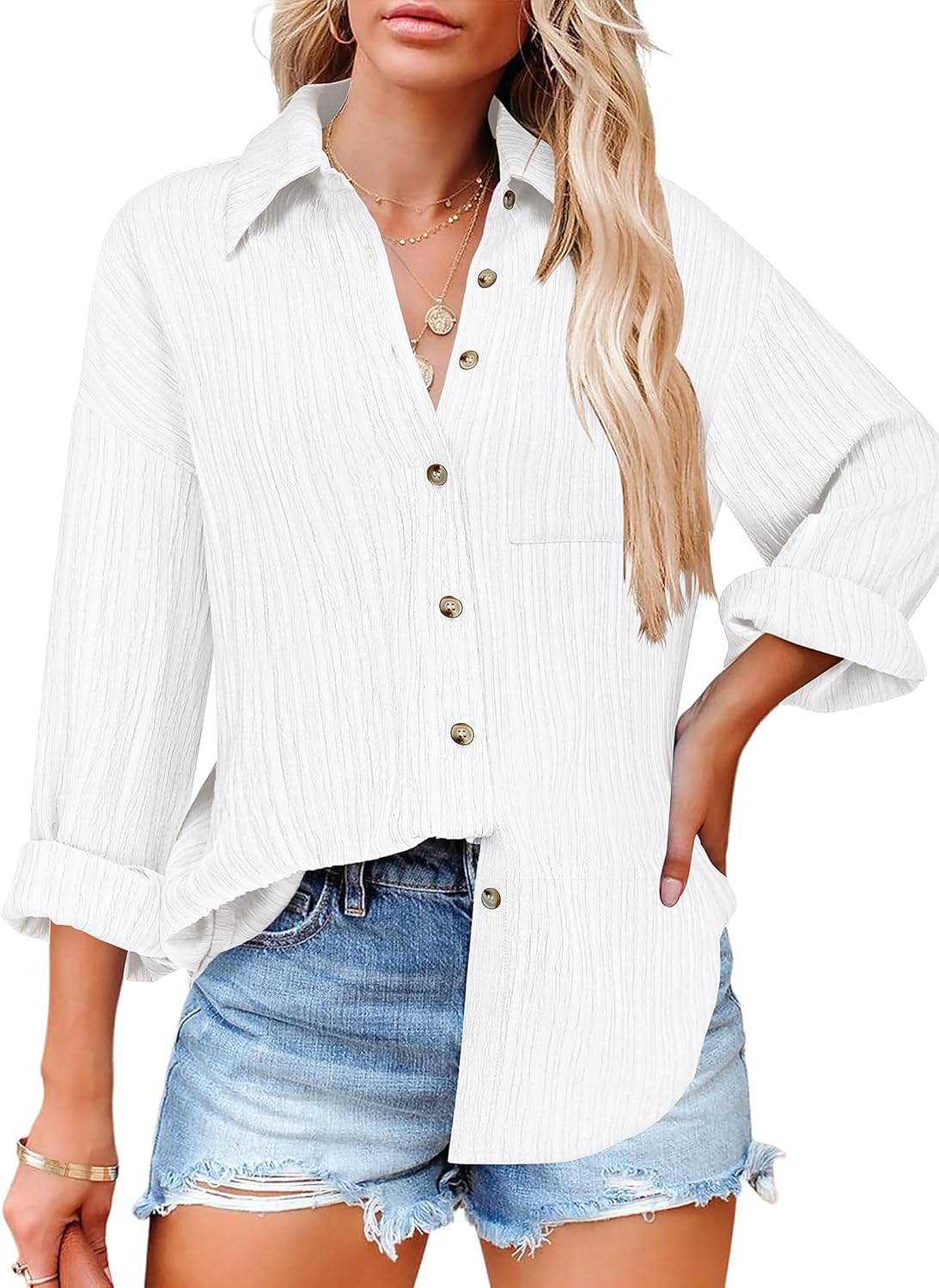HOTOUCH Womens Button Down Shirts Casual Long Sleeve Dress Shirt Textured Collar...