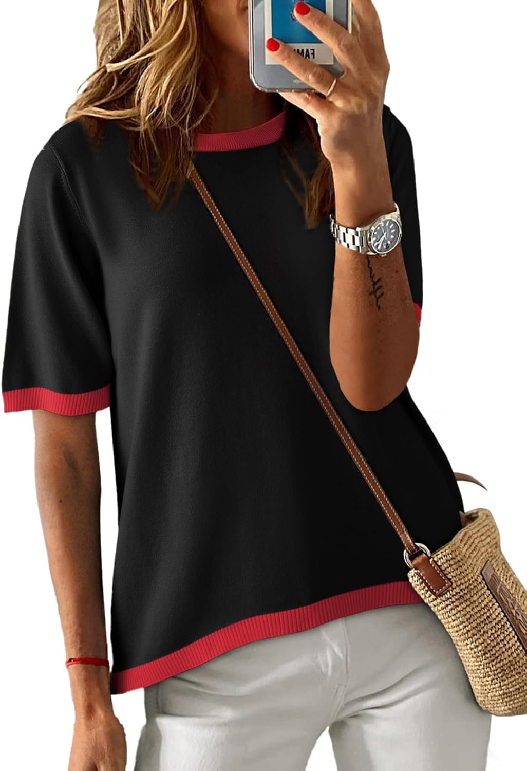 Dokotoo Womens Tops Casual Summer Crewneck Short Sleeve Striped Color Block Knit...