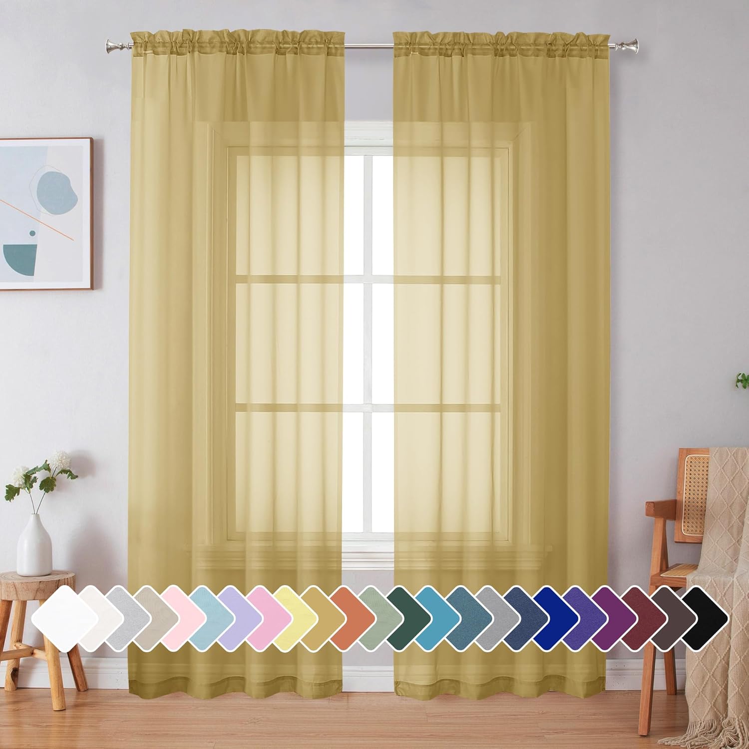 Simplebrand Gold Sheer Curtains 84 Inches Long 2 Panels, Light Filtering Rod Poc...