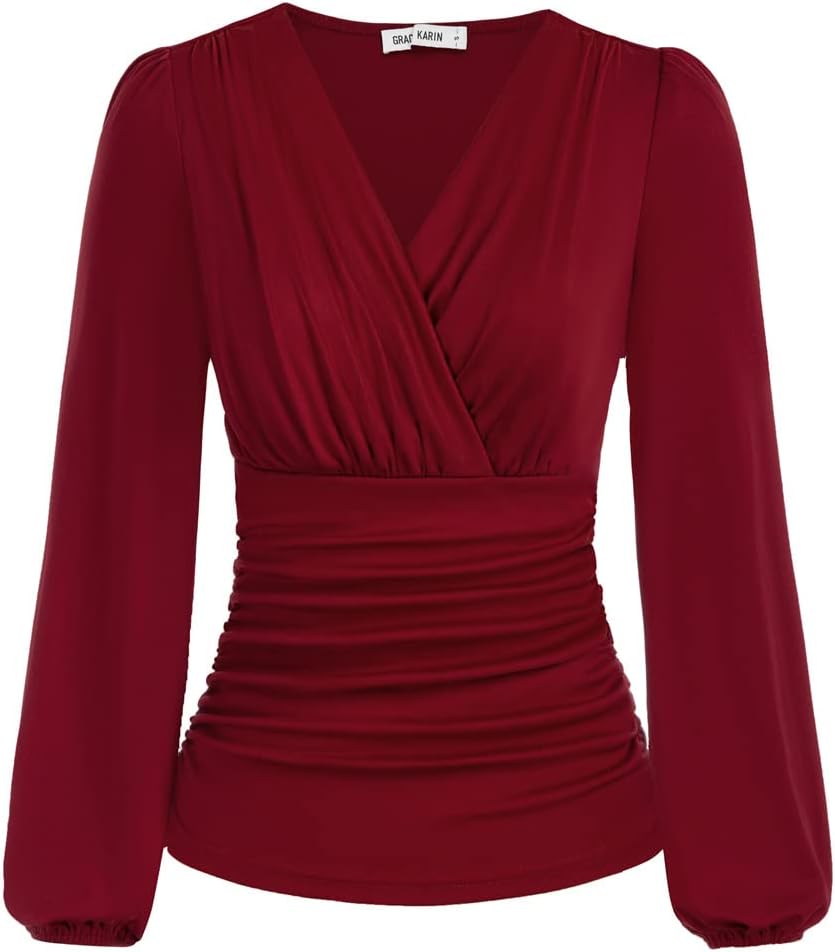 GRACE KARIN Women Tops V-Neck Long Sleeve Ruched Tunic Blouses Casual Top Shirts...