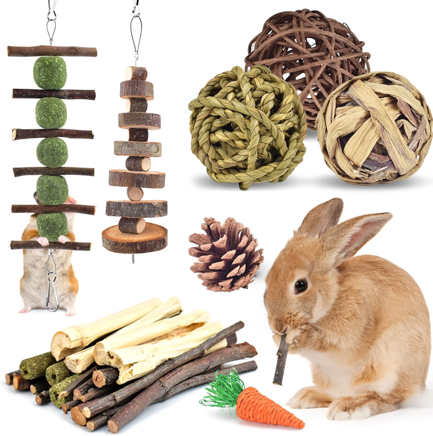 ERKOON Rabbits Chew Toys, Rabbit Treats 10 Kinds of Hamster Chew Toys, Rabbit Ch...
