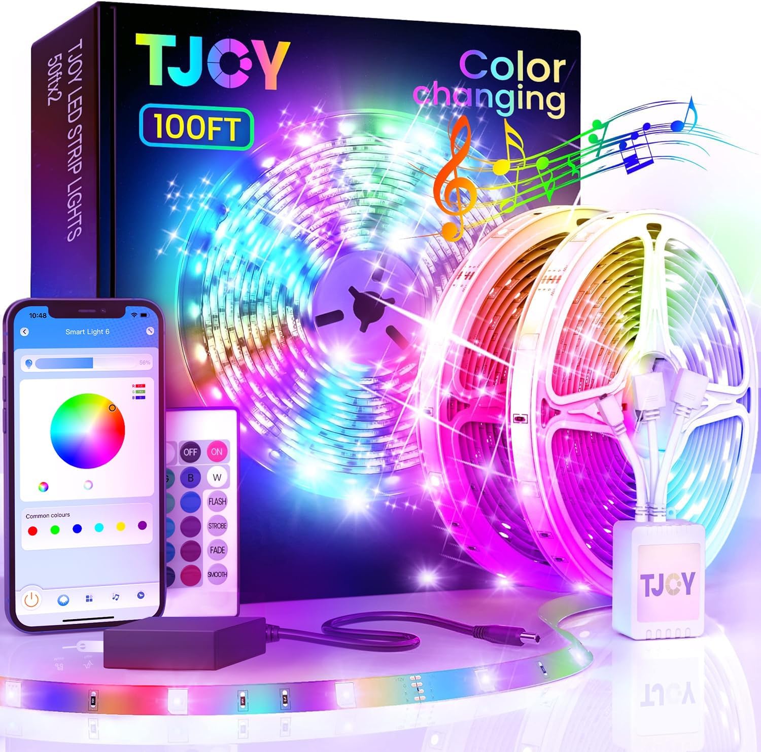TJOY 100ft Bluetooth LED Strip Lights, Music Sync LED Lights Strip, RGB Color Ch...