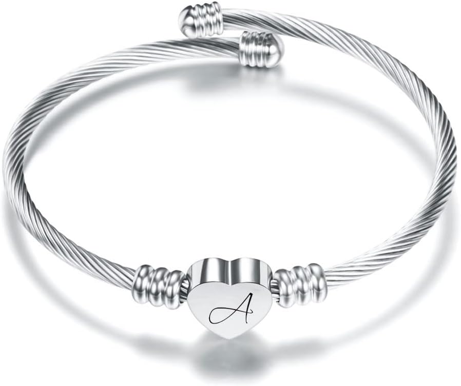 KENYG Delicate Silver Love Heart 26 Initial Letter Alphabet A-Z Cuff Bracelet Op...