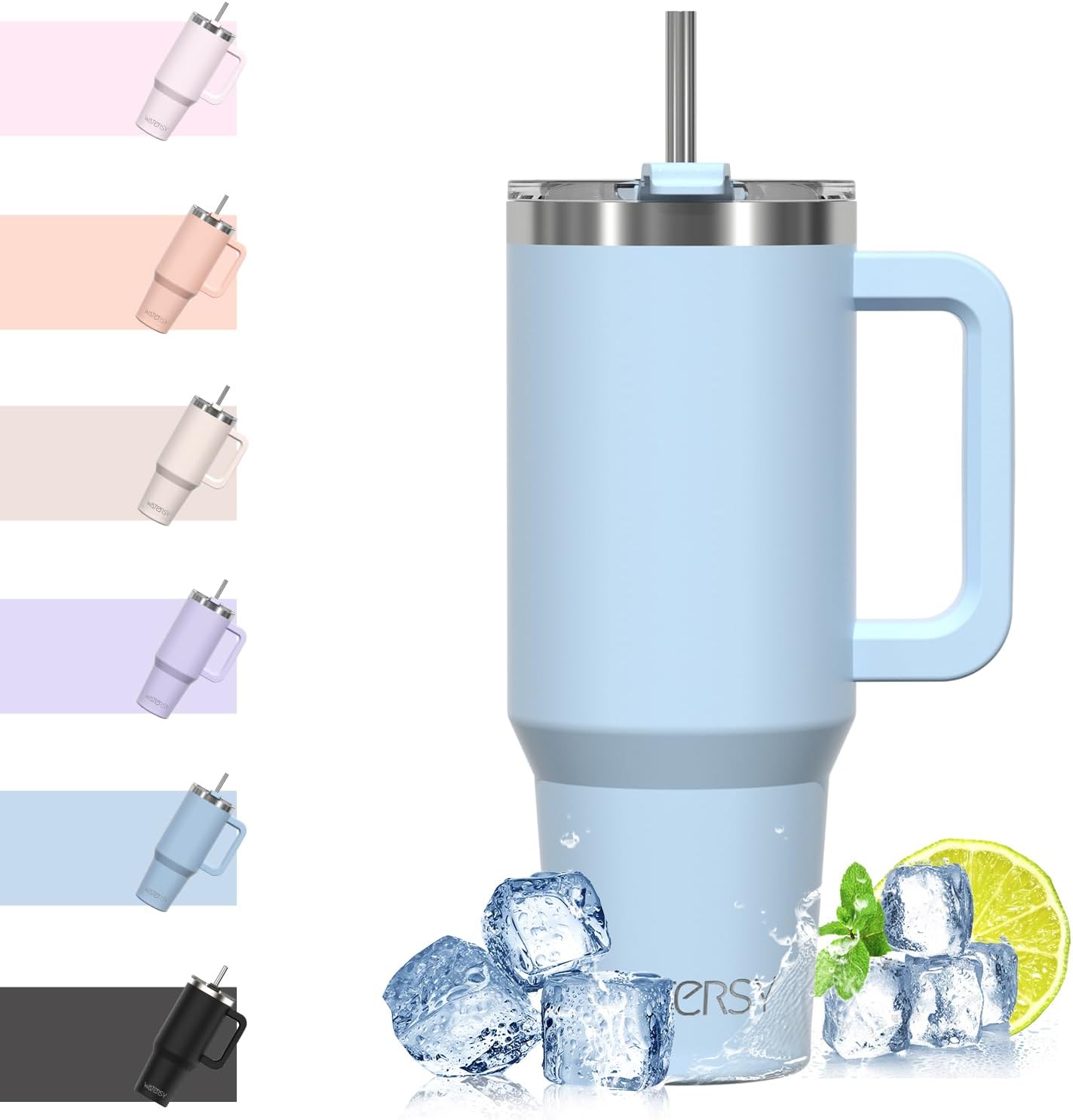 WATERSY Travel Mug Coffee Cup 40oz Tumbler Straw Lid and Handle, Stainless Steel...
