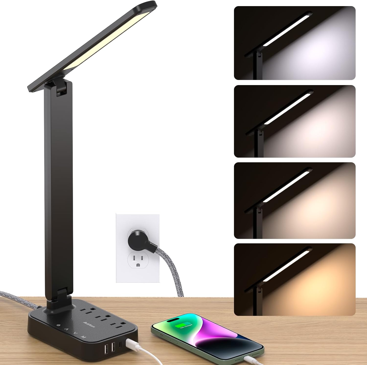 Addtam LED Desk Lamp, Power Strip with 3 Outlets 4 USB Charging Ports(2 USBC), 4...