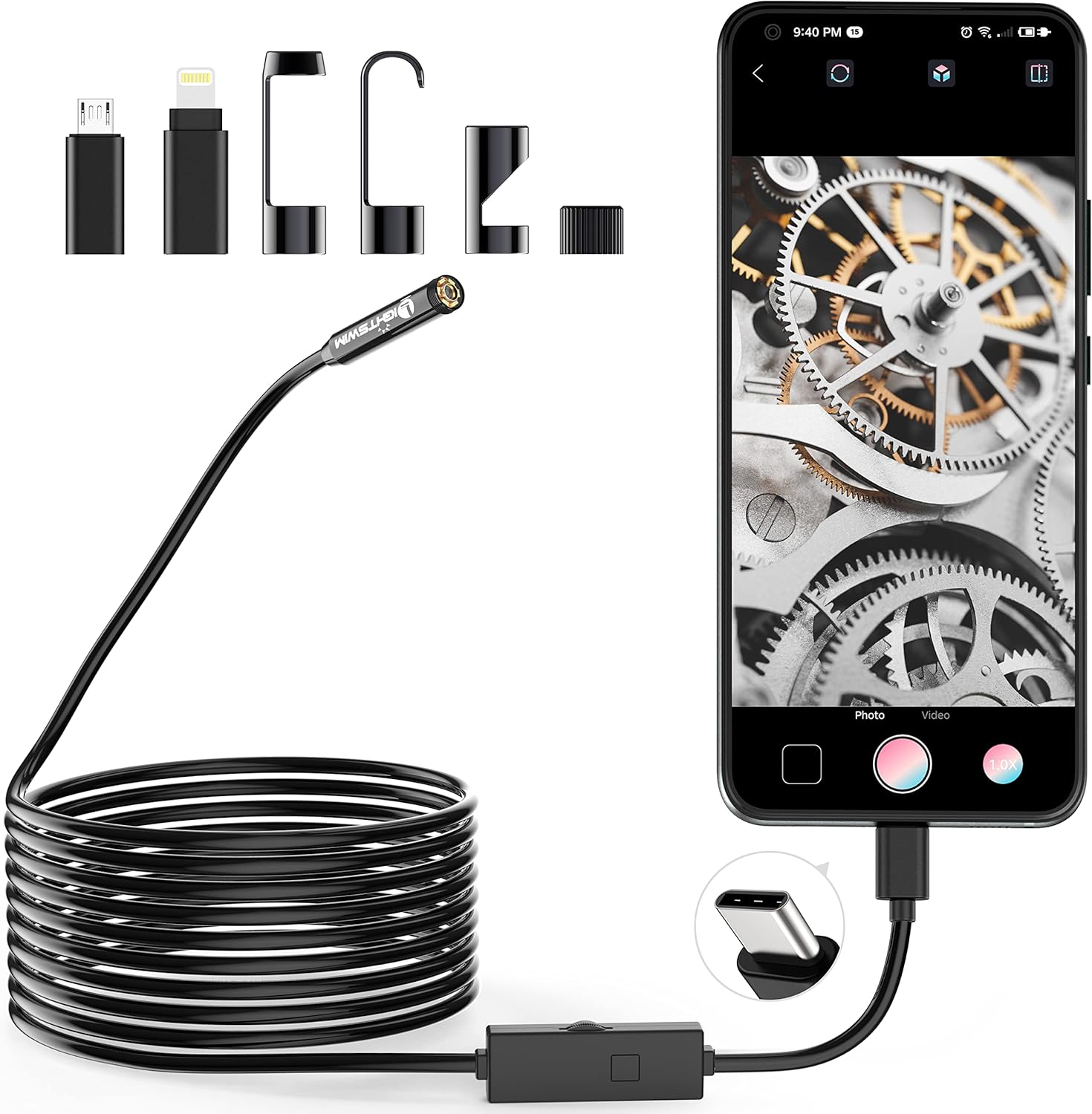 Lightswim 1920P Endoscope Snake Inspection Camera, Type C Borescope, Scope Camer...