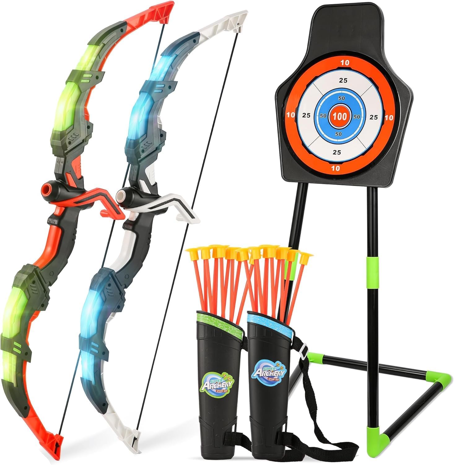 Bow and Arrow Set for Kids, 2-Pack LED Light Up Archery Set with 20 Suction Cup...
