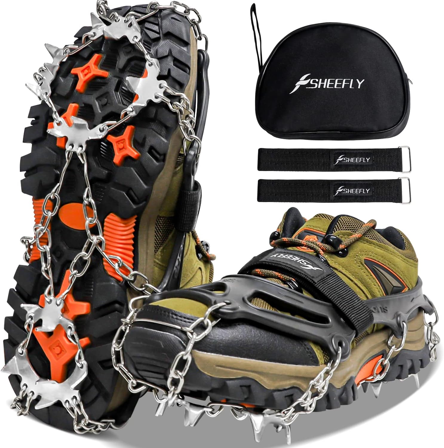 SHEEFLY Crampons Ice Cleats Traction,19 Spikes Snow Grips Ice Grippers Traction...