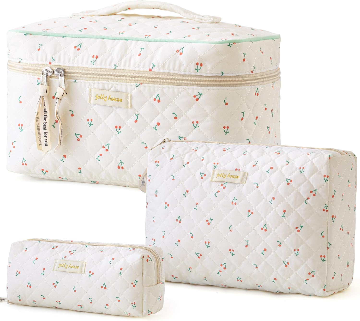 HBselect Quilted Makeup Bag, 3PCS Cotton Large Travel Makeup Bag, Cute Floral Co...