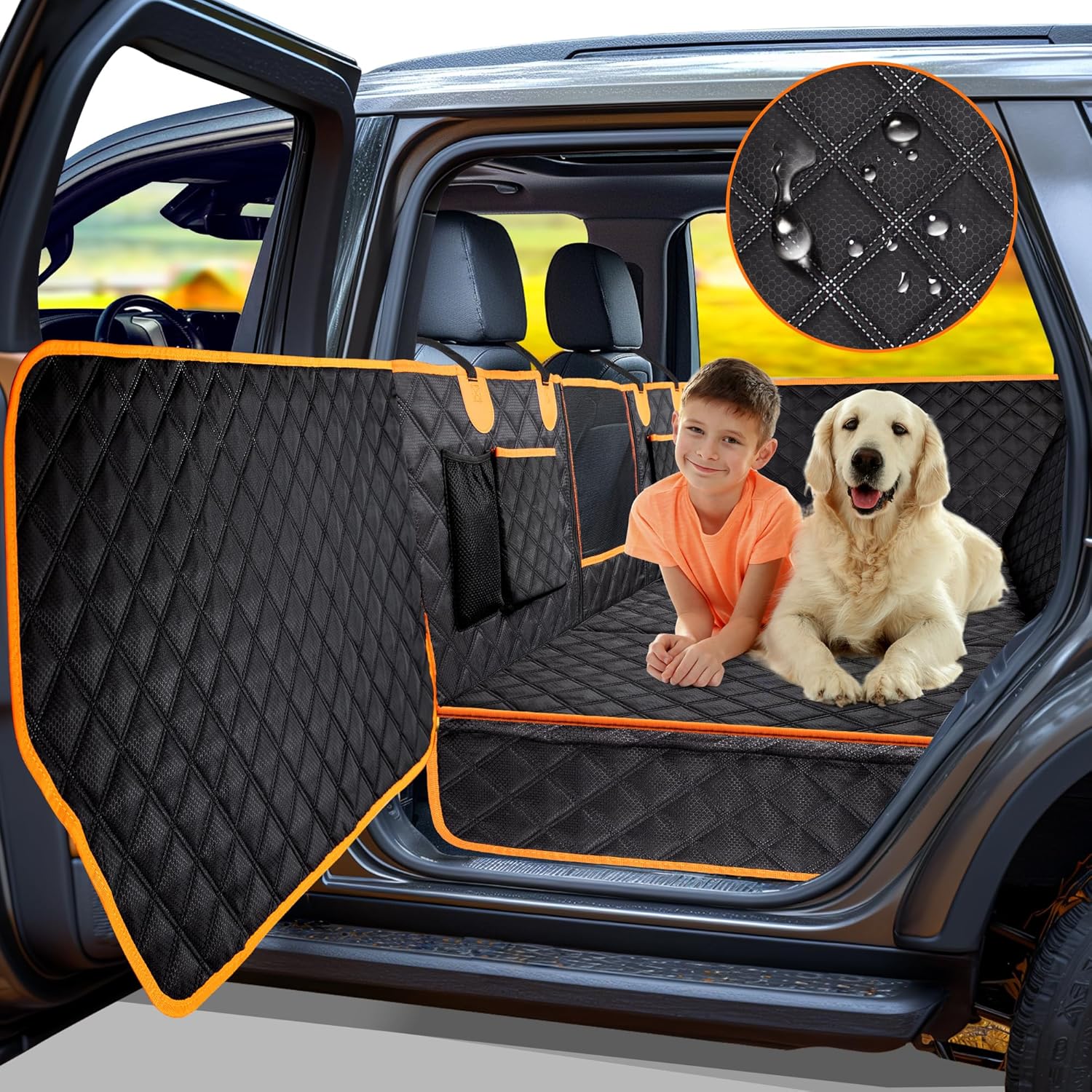 Dog Car Seat Cover for Back Seat, Hard Bottom Car Seat Cover for Dogs with Door...