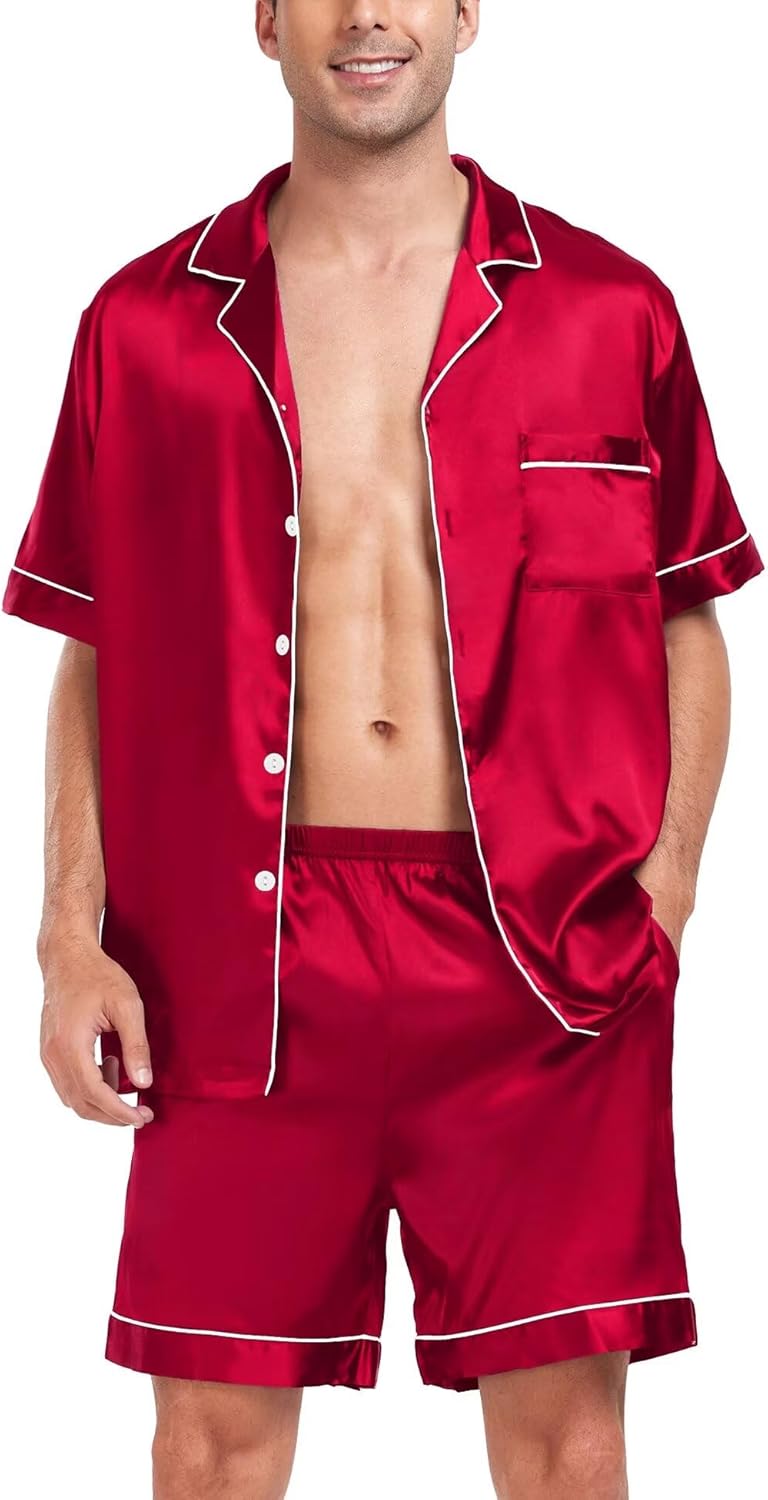 SWOMOG Men Satin Silk Pajamas Sets Short Sleeve Sleepwear Button-Down PJs Sets T...