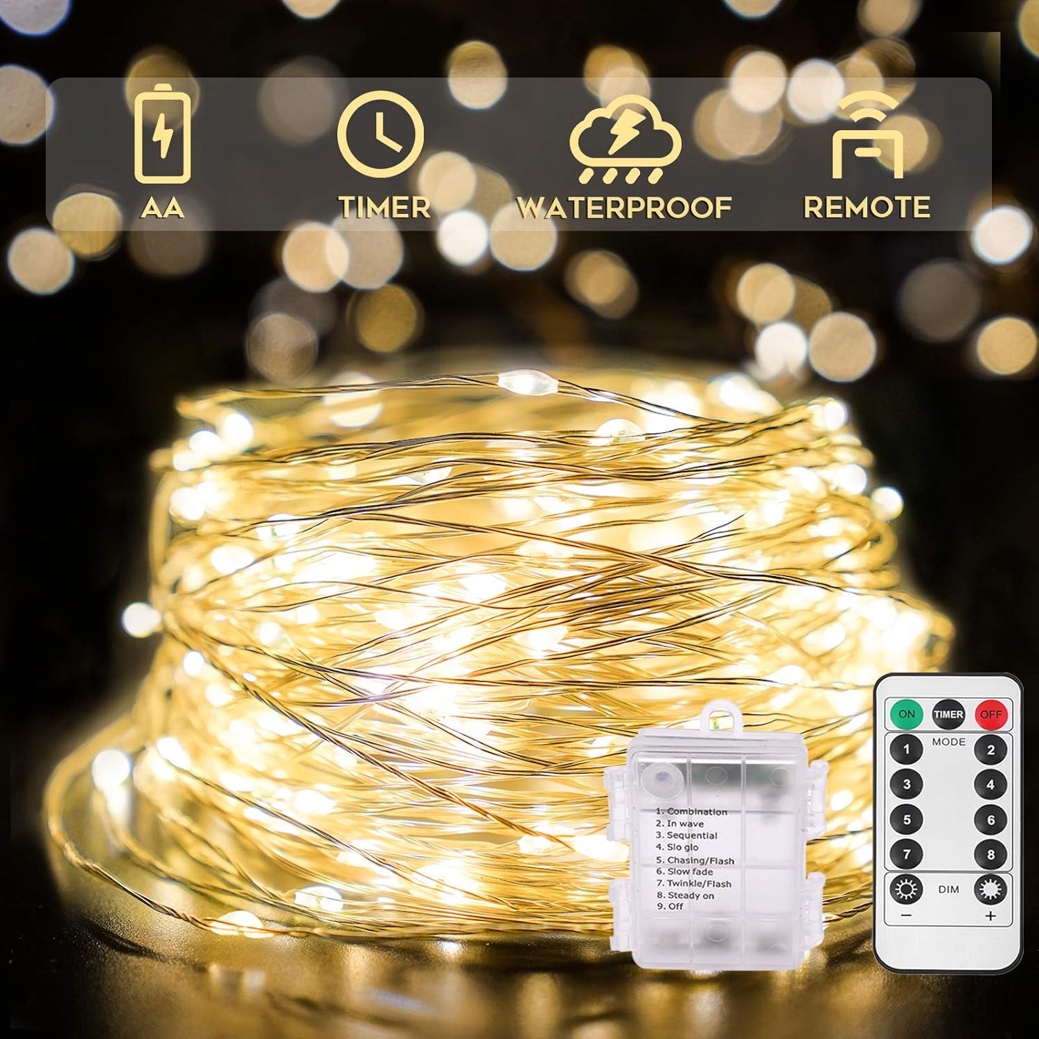 33ft 100 LED Outdoor String Lights, Warm White Fairy Lights Battery Operated wit...