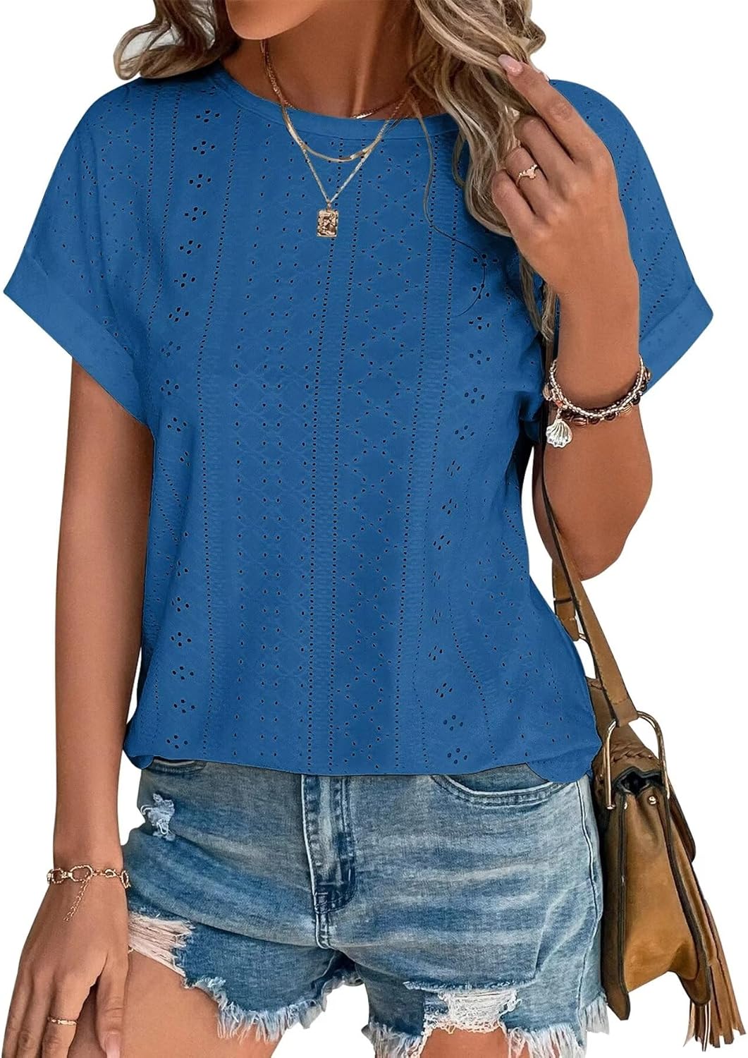 Bliwov Womens Tops Eyelet Embroidery Summer Spring Crewneck Curved Hem 2025 Loos...
