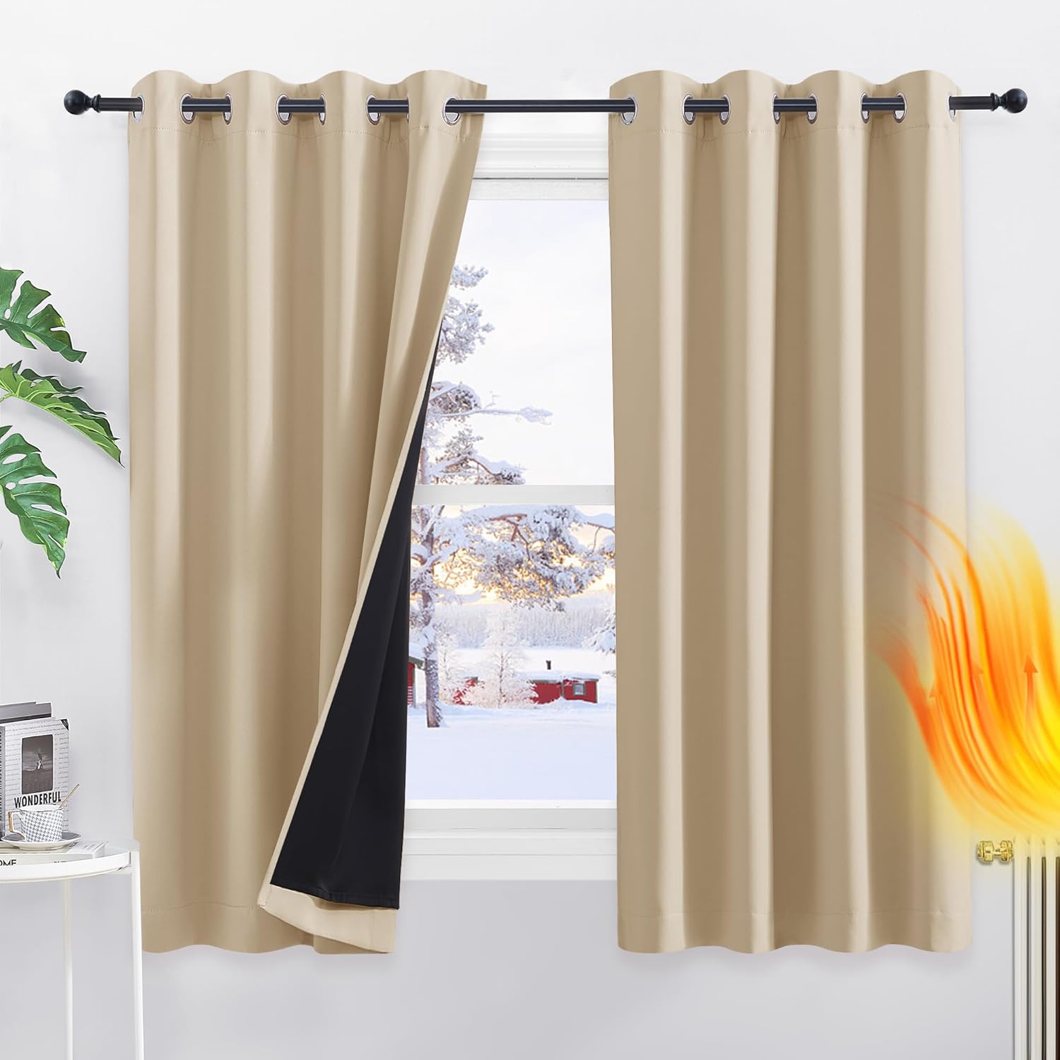 PONY DANCE Full Blackout Curtains - Beige Blackout Bedroom Ring Up Curtains Drap...