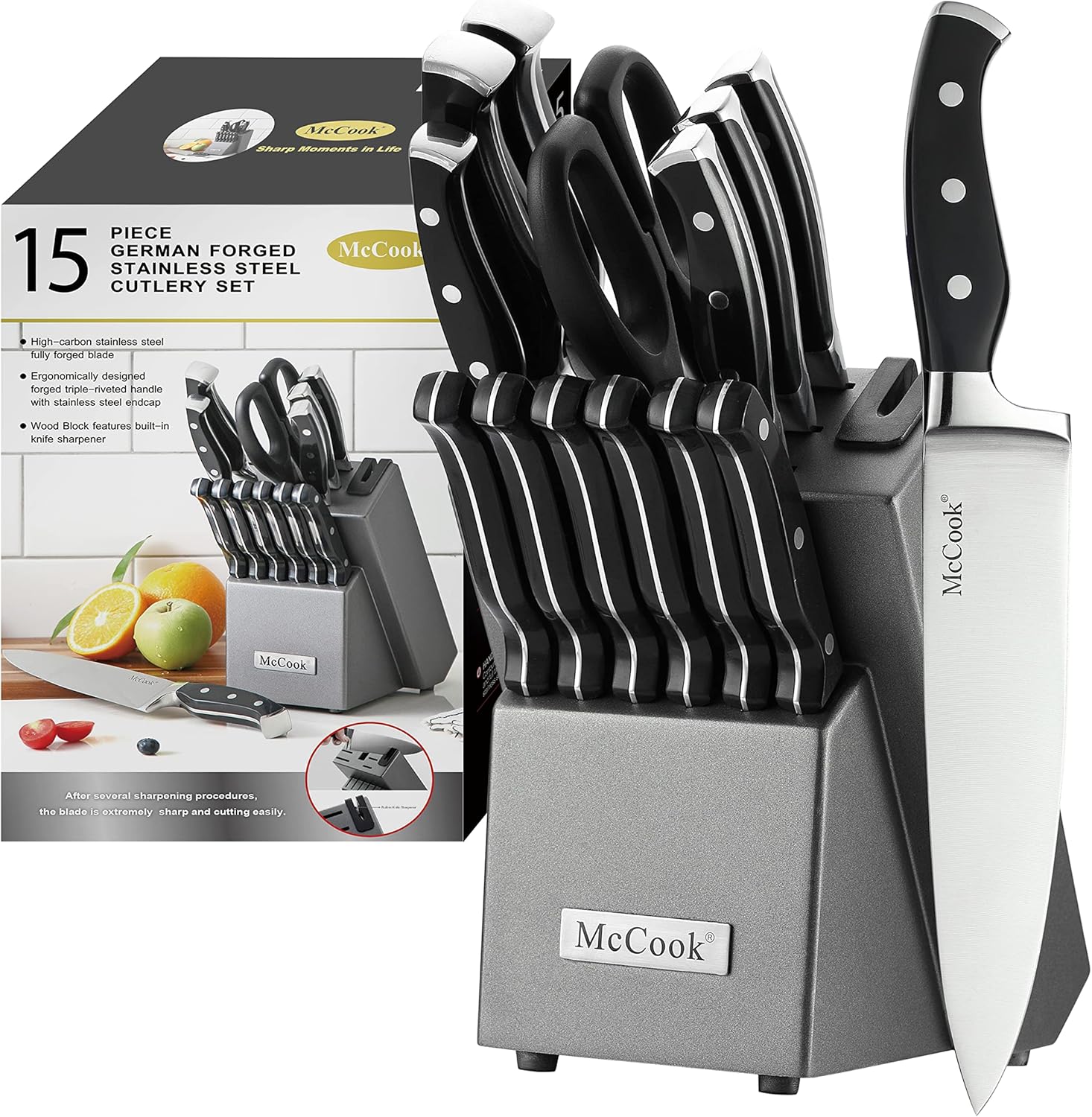 McCook® Knife Sets,German Stainless Steel Kitchen Knife Block Set with Built-in...