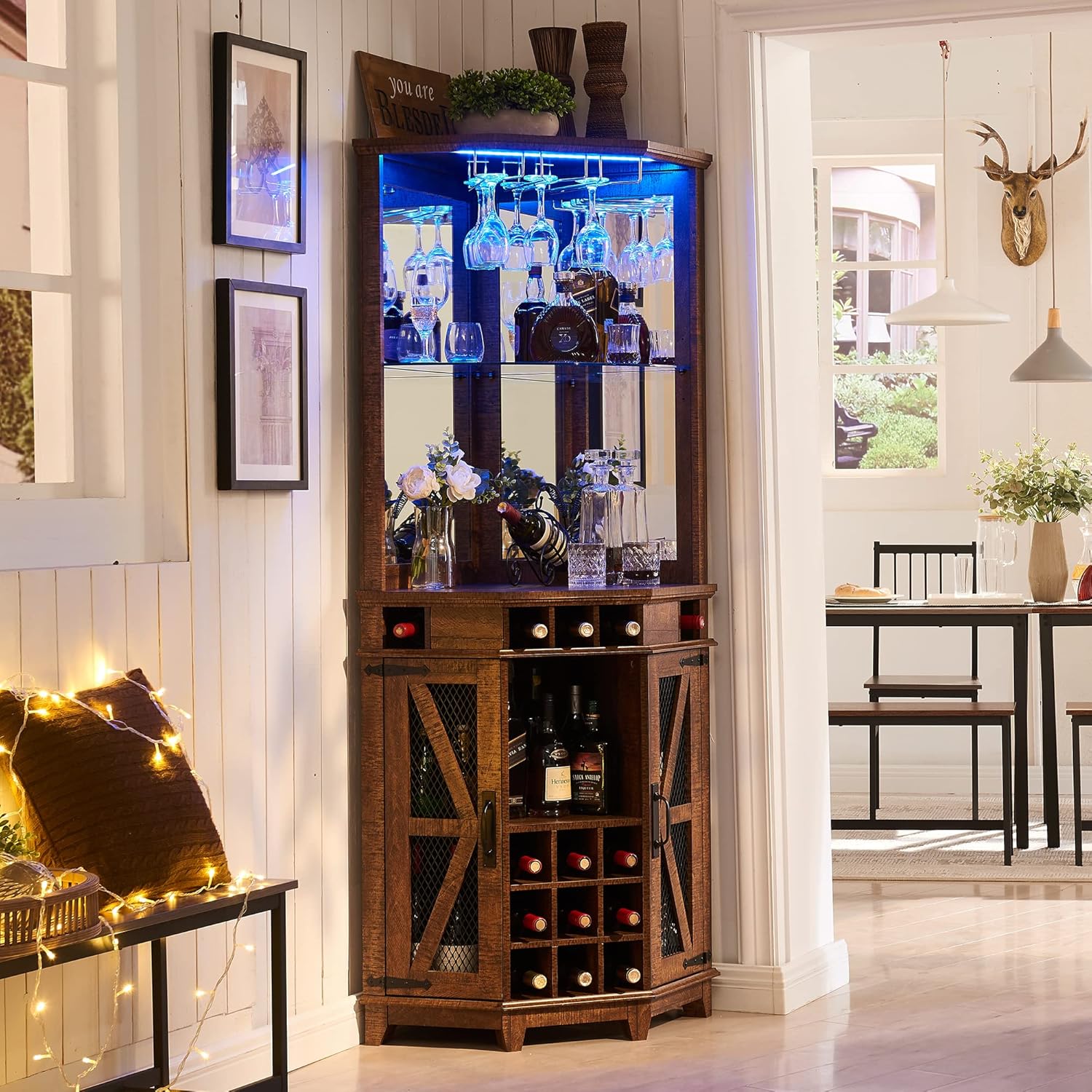 OKD Corner Bar Storage Cabinet, 72" Tall Farmhouse Wine Bar Cabinet w/Barn Door...
