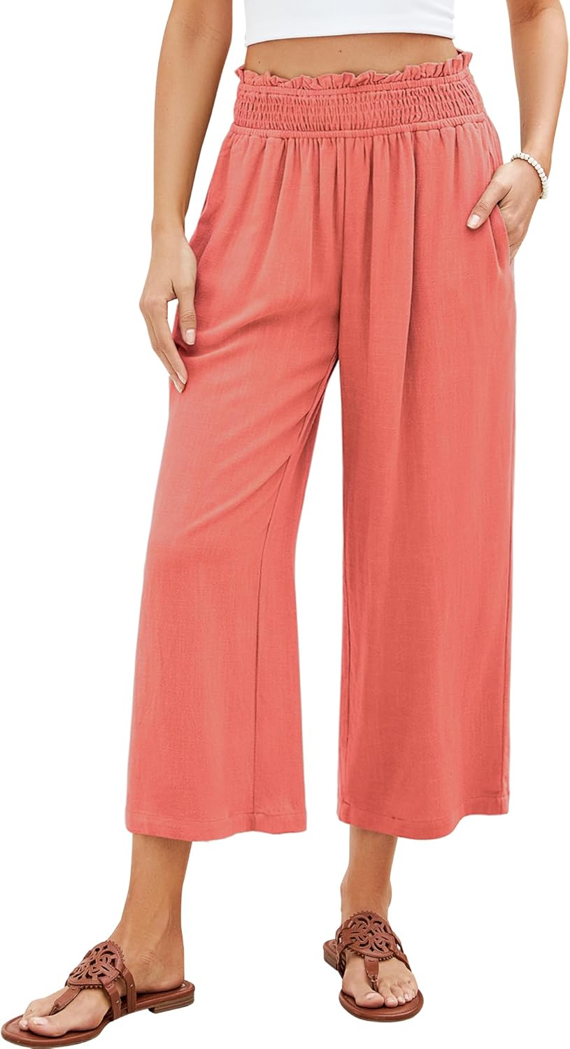GRAPENT Capri Pants for Women High Waisted Wide Leg Linen Palazzo Trousers Pull...