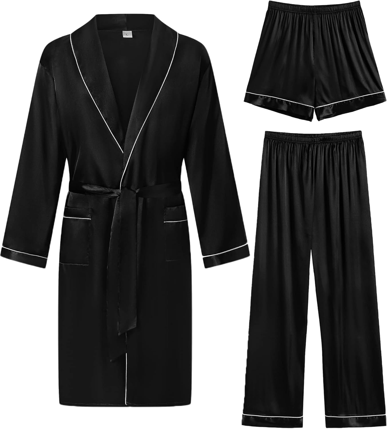 SWOMOG Men's Satin Robe 3 Pcs Silky Kimono Bathrobe Set Lightweight Soft Loungew...